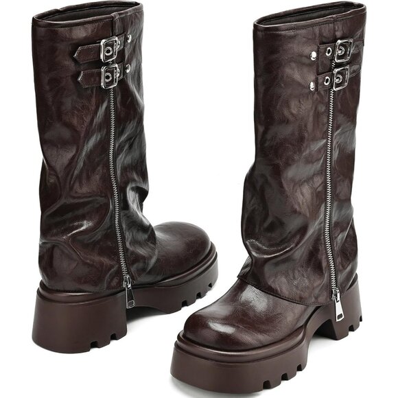 ⚡Women's Wide Calf Brown Knee High Riding Boot Chunky Low Heel Round Toe - Picture 3 of 6